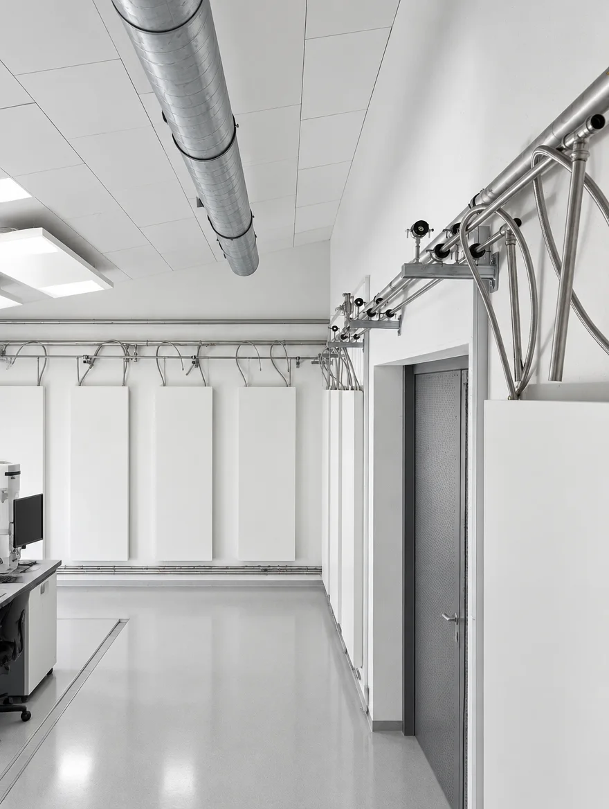 Laborraum mit Wandsegeln an mehreren Wänden und technischer Installation unter der Decke